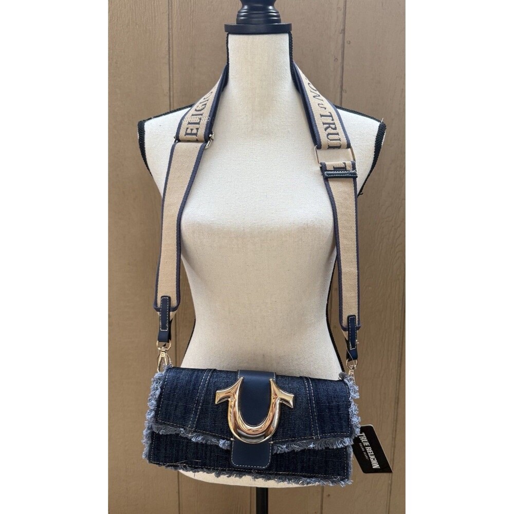 True Religion Dark Blue Shoulder Bag Logo Accent Adjustable Strap Women new - Picture 3 of 7
